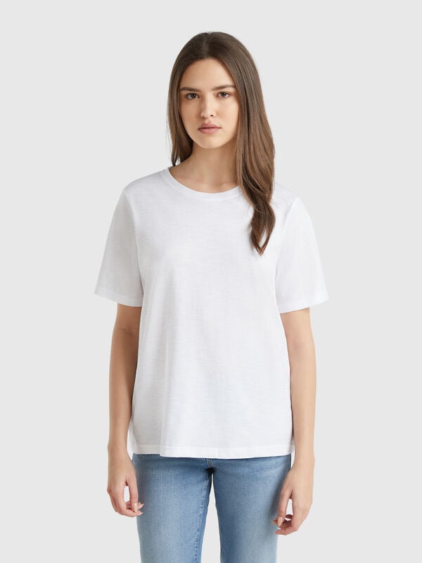T-shirt girocollo in cotone fiammato Donna