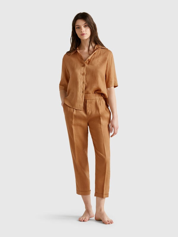 Pantaloni cropped in 100% lino Donna