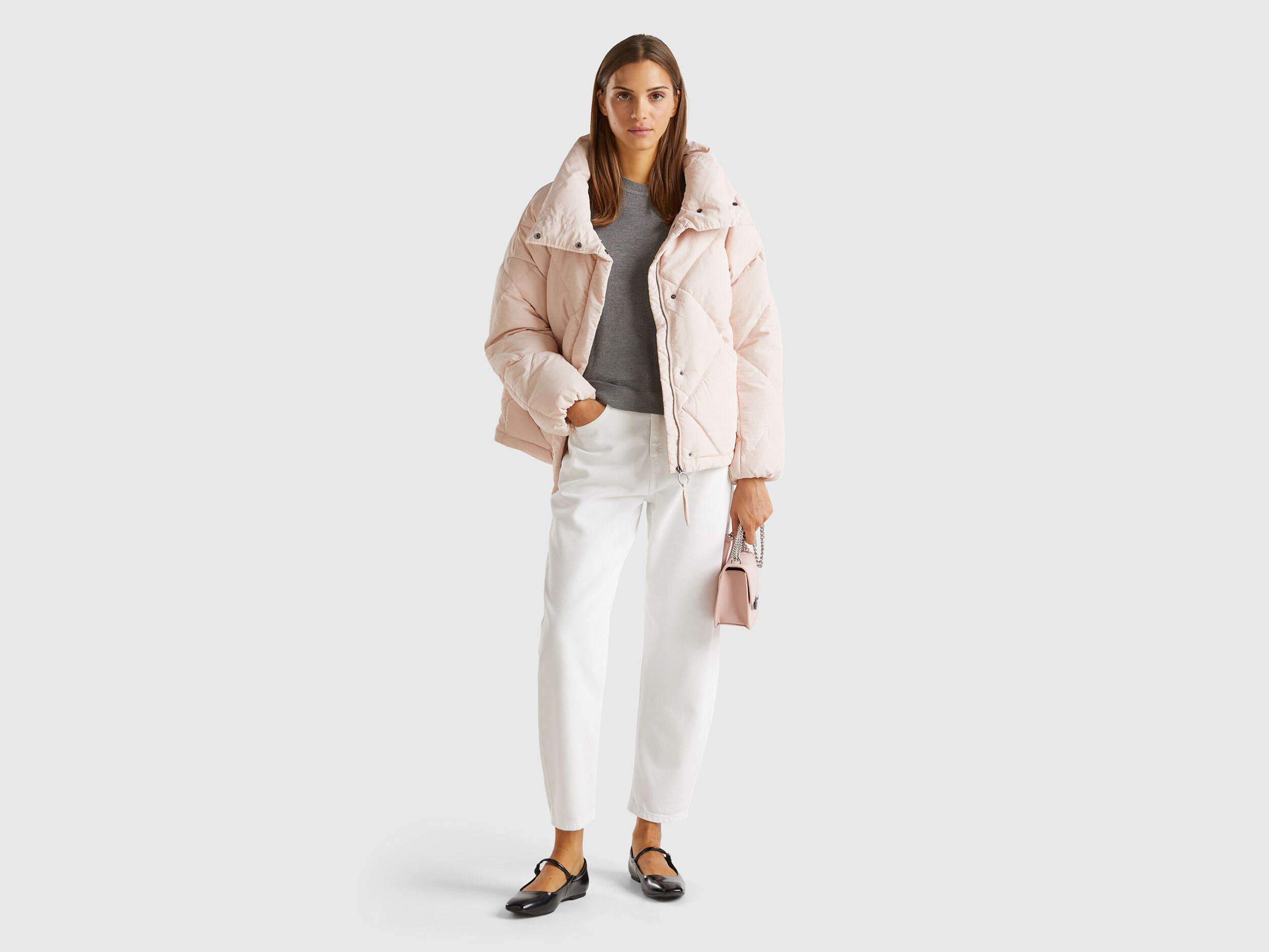 Piumino collo alto imbottito in vera piuma riciclata Rosa Tenue Benetton