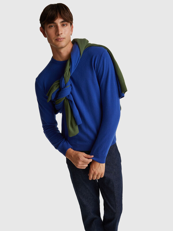 Maglia girocollo bluette in pura lana Merino Uomo