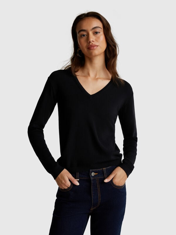 Maglia con scollo a V in puro cotone Donna