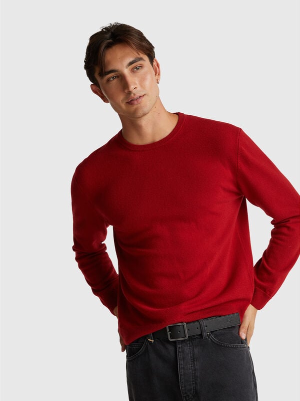 Maglia girocollo bordeaux in pura lana Merino Uomo
