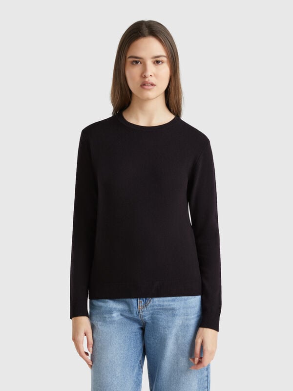 Maglia girocollo nera in lana Merino Donna