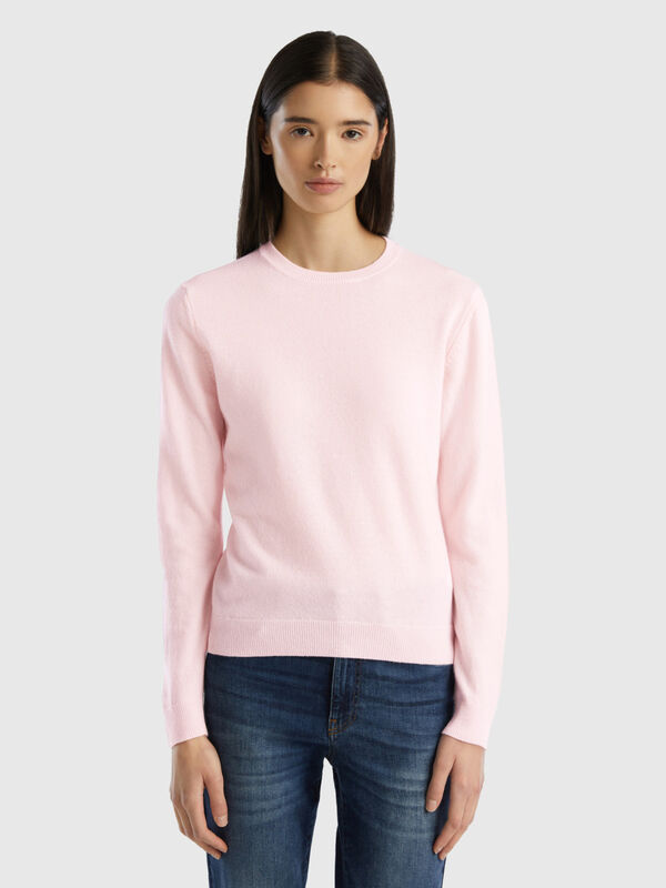 Maglia girocollo rosa chiaro in lana Merino Donna