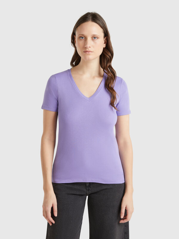 T-shirt pervinca in puro cotone con scollo a V Donna