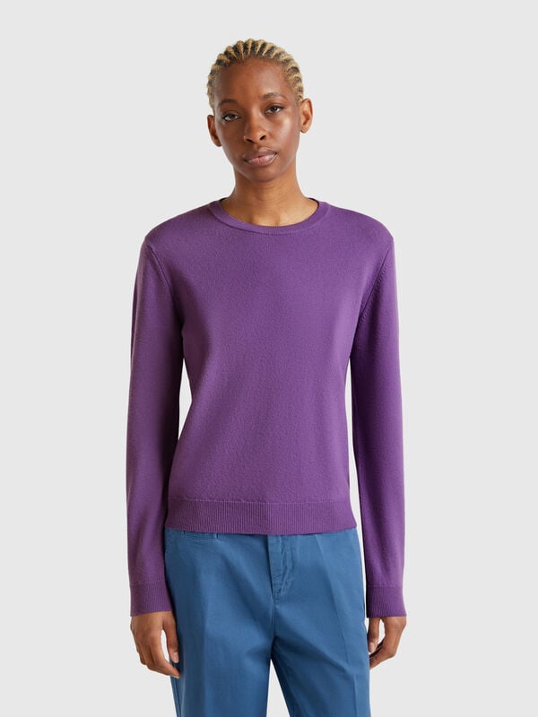 Maglia girocollo viola in lana Merino Donna