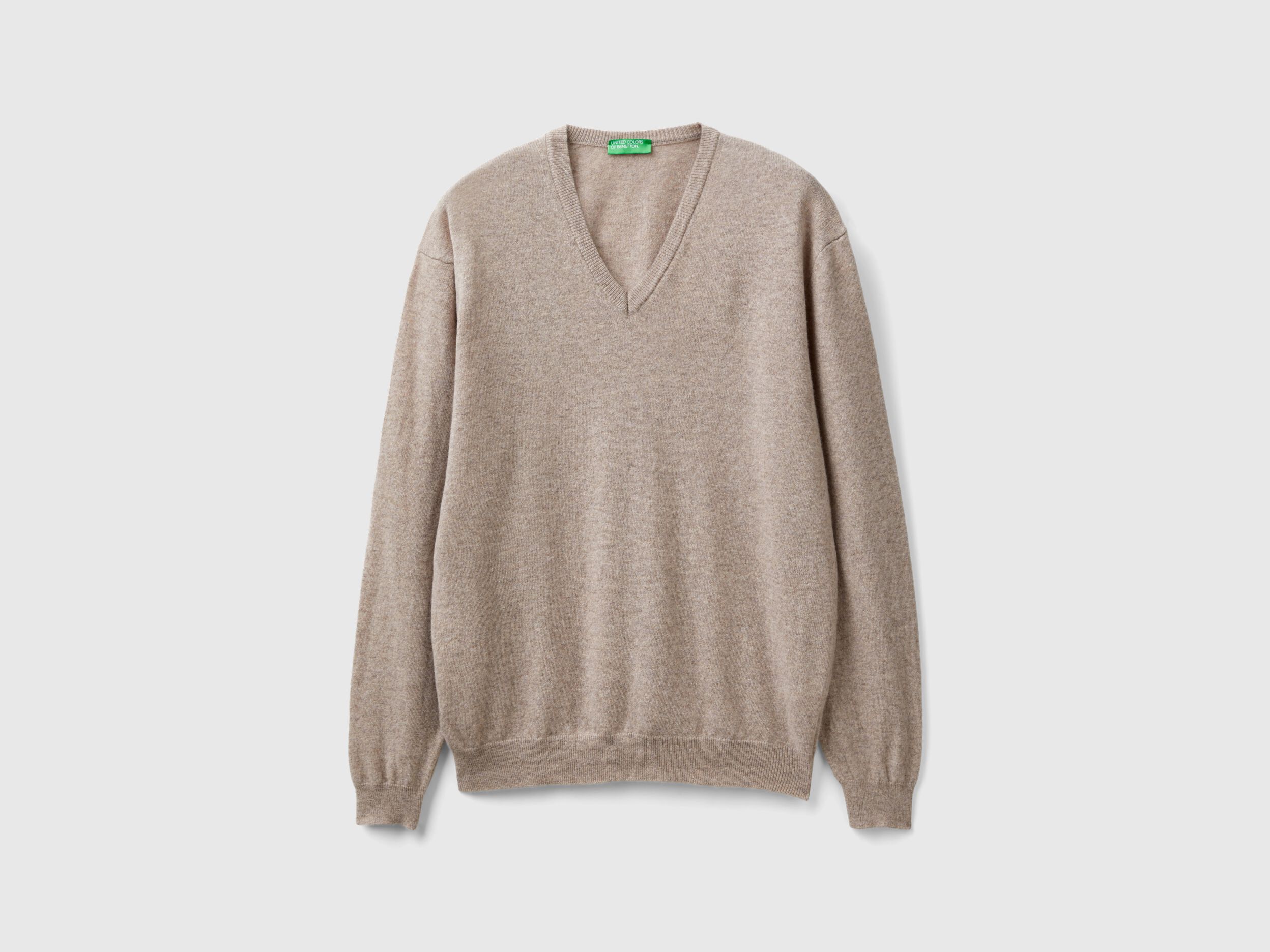 Maglia scollo a V tortora in pura lana Merino Tortora Benetton