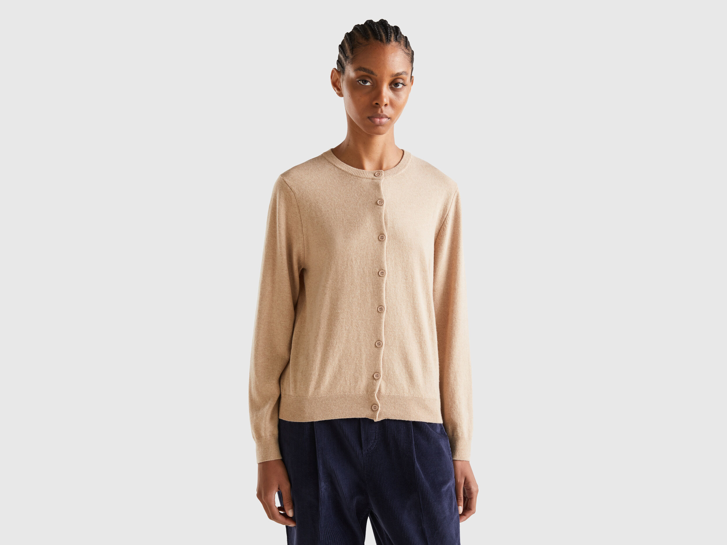 Cardigan beige in misto lana e cashmere Beige Donna Benetton