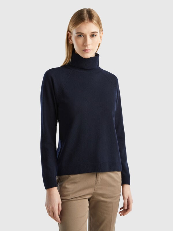 Maglione dolcevita blu notte in misto lana e cashmere Donna
