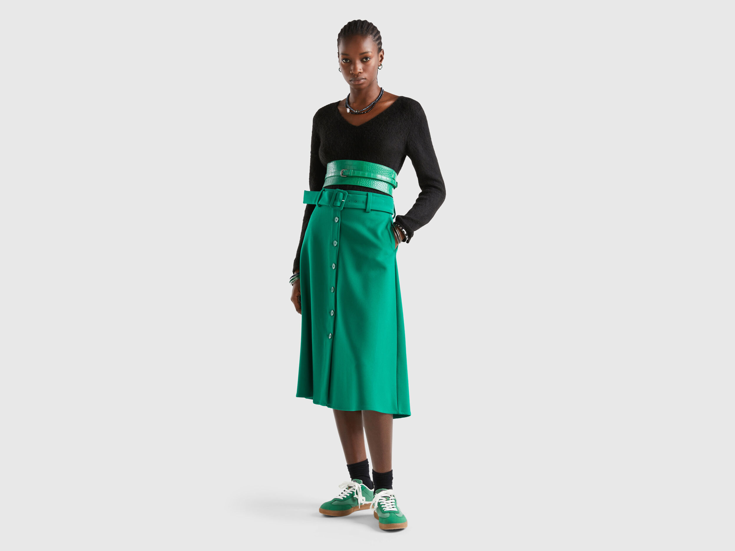 Gonna midi con cintura e bottoni Verde Donna Benetton