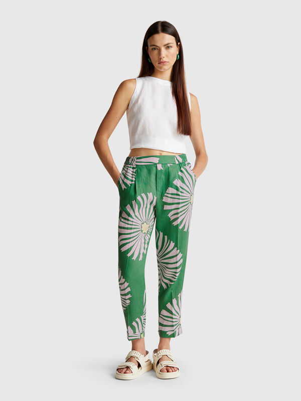 Pantaloni in lino stampato Donna