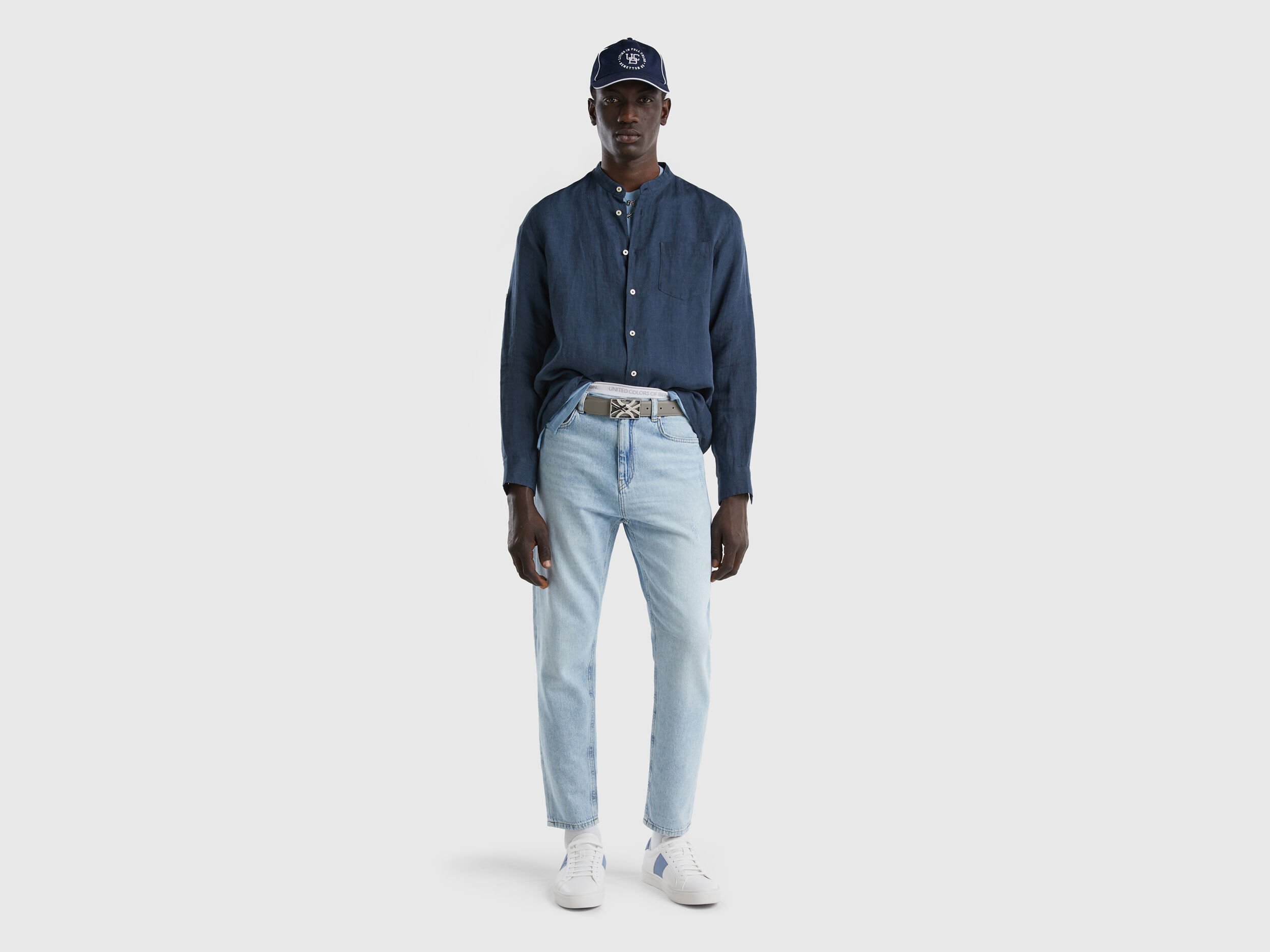 Camicia in lino con collo alla coreana Blu Scuro Uomo Benetton