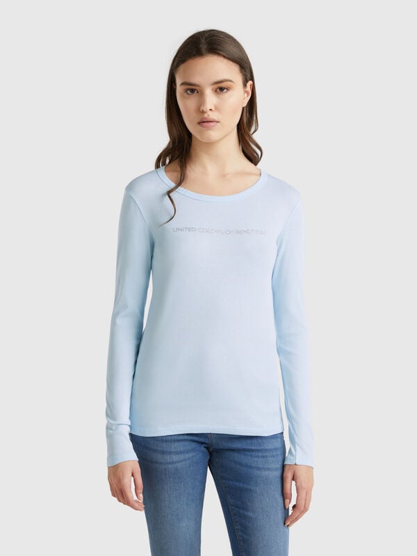 T-shirt celeste a manica lunga 100% cotone Donna