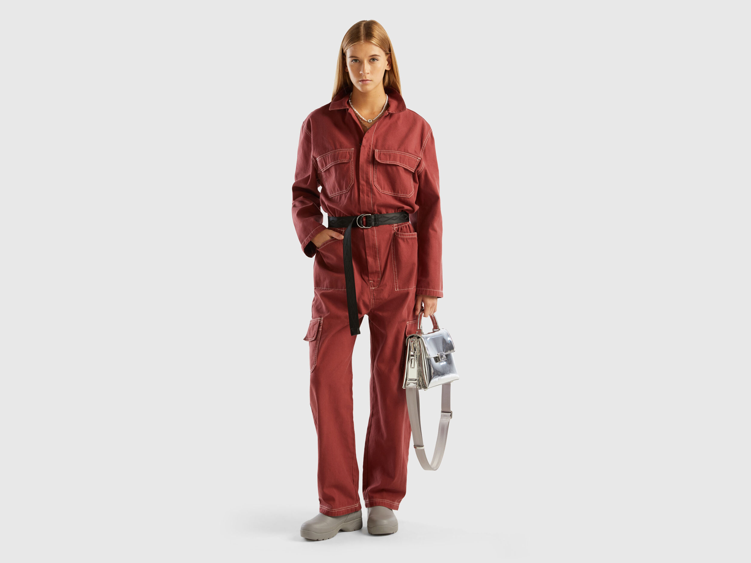 Tuta lunga in tela di cotone Bordeaux Donna Benetton