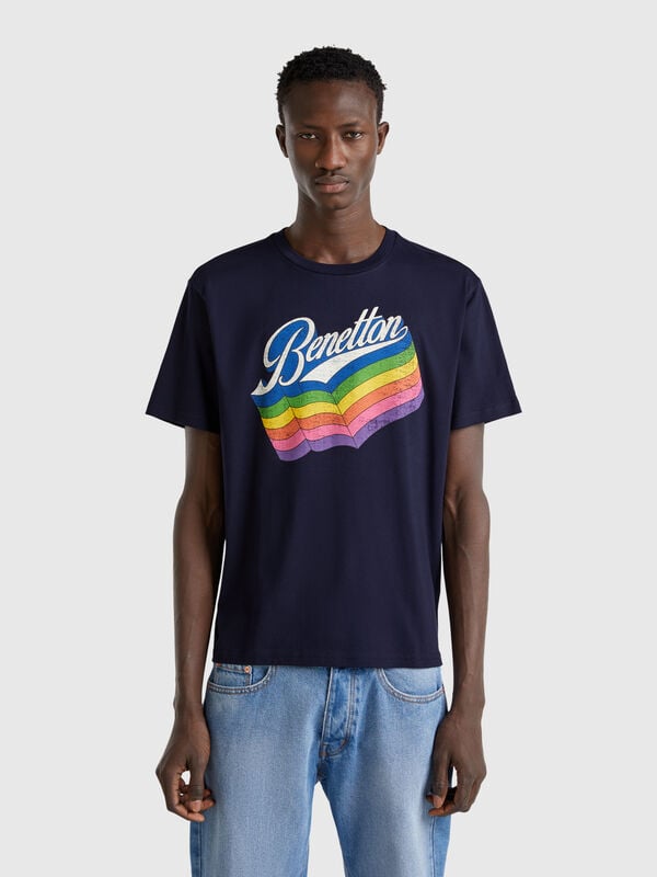 T-shirt blu scuro in cotone con logo multicolor Uomo