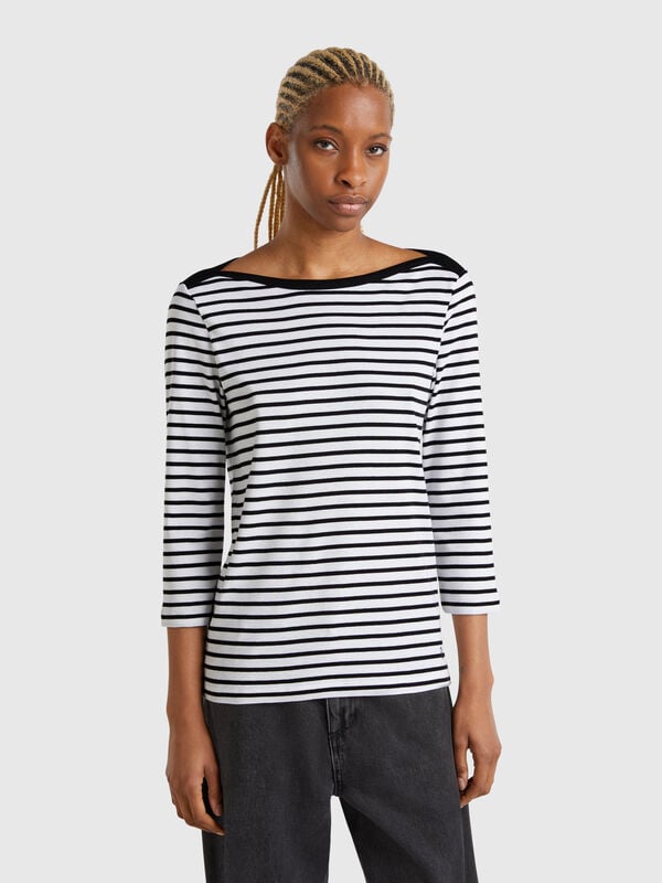 T-shirt manica 3/4 a righe in puro cotone Donna