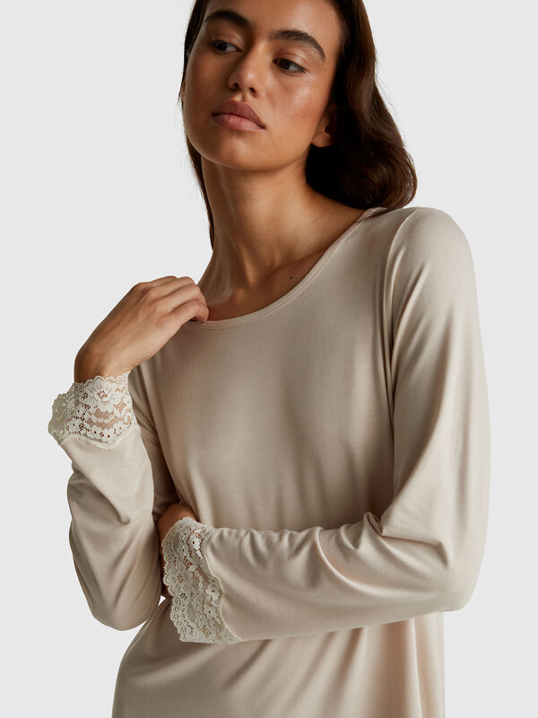 Camicia da notte fluida con pizzo Donna
