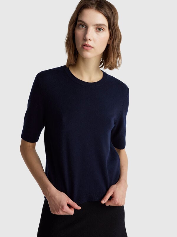Maglia manica corta blu scuro in pura lana Merino Donna
