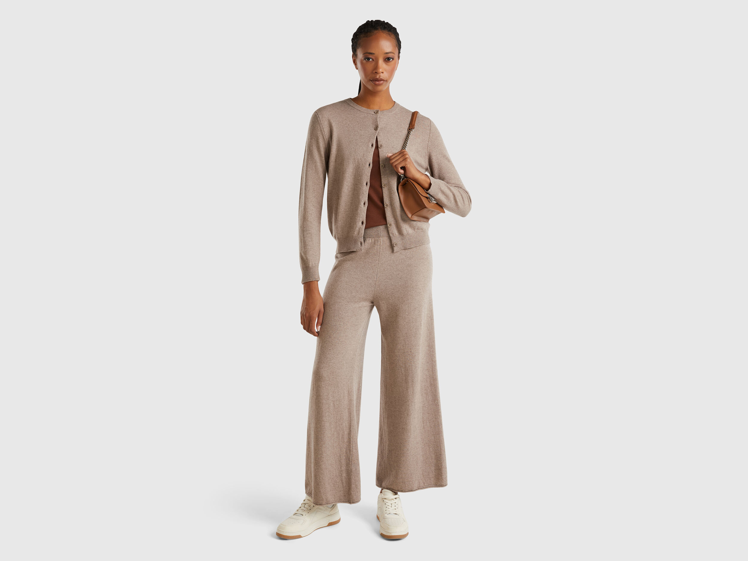 Pantaloni ampi marrone melange in misto lana e cashmere Marrone Benetton