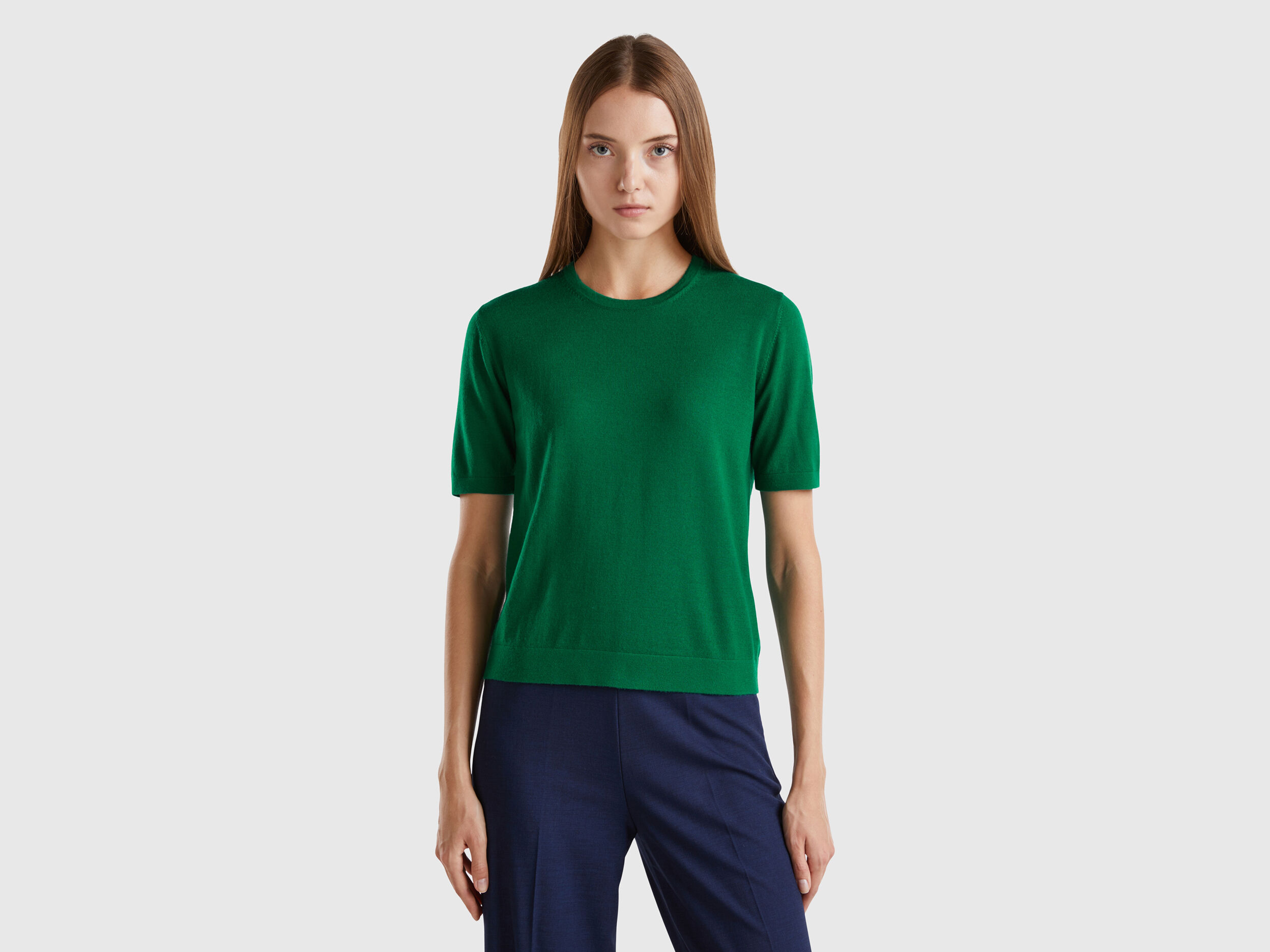 Maglia manica corta in pura lana Merino Verde Benetton
