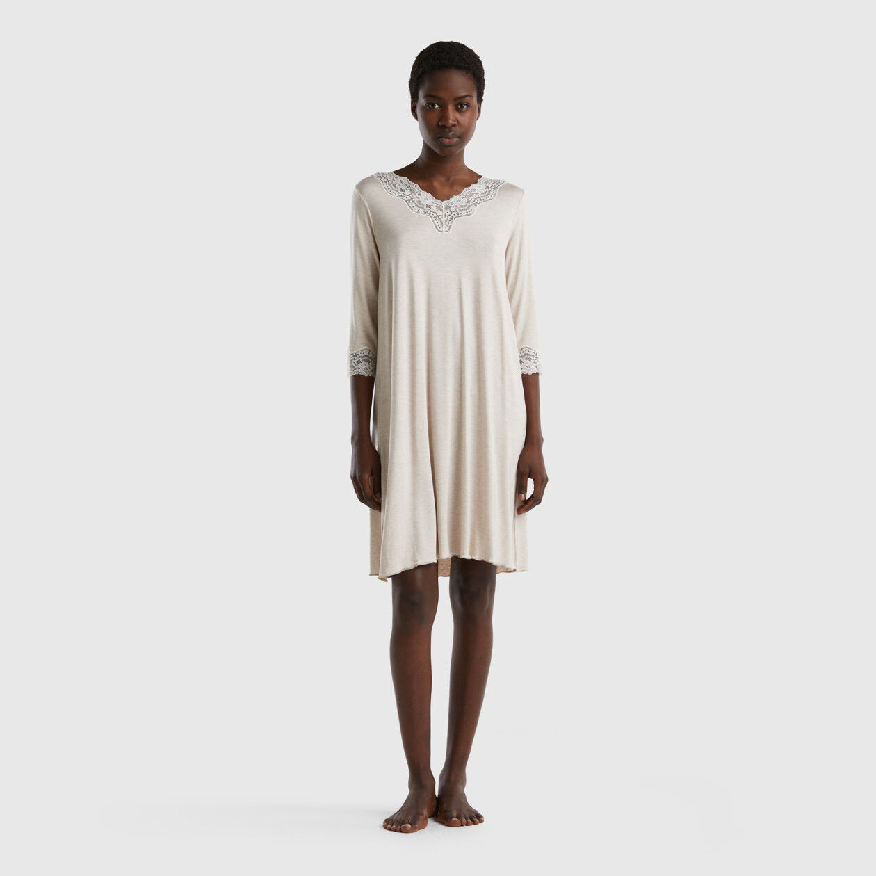 Camicia da notte con dettagli in pizzo Beige Donna Benetton