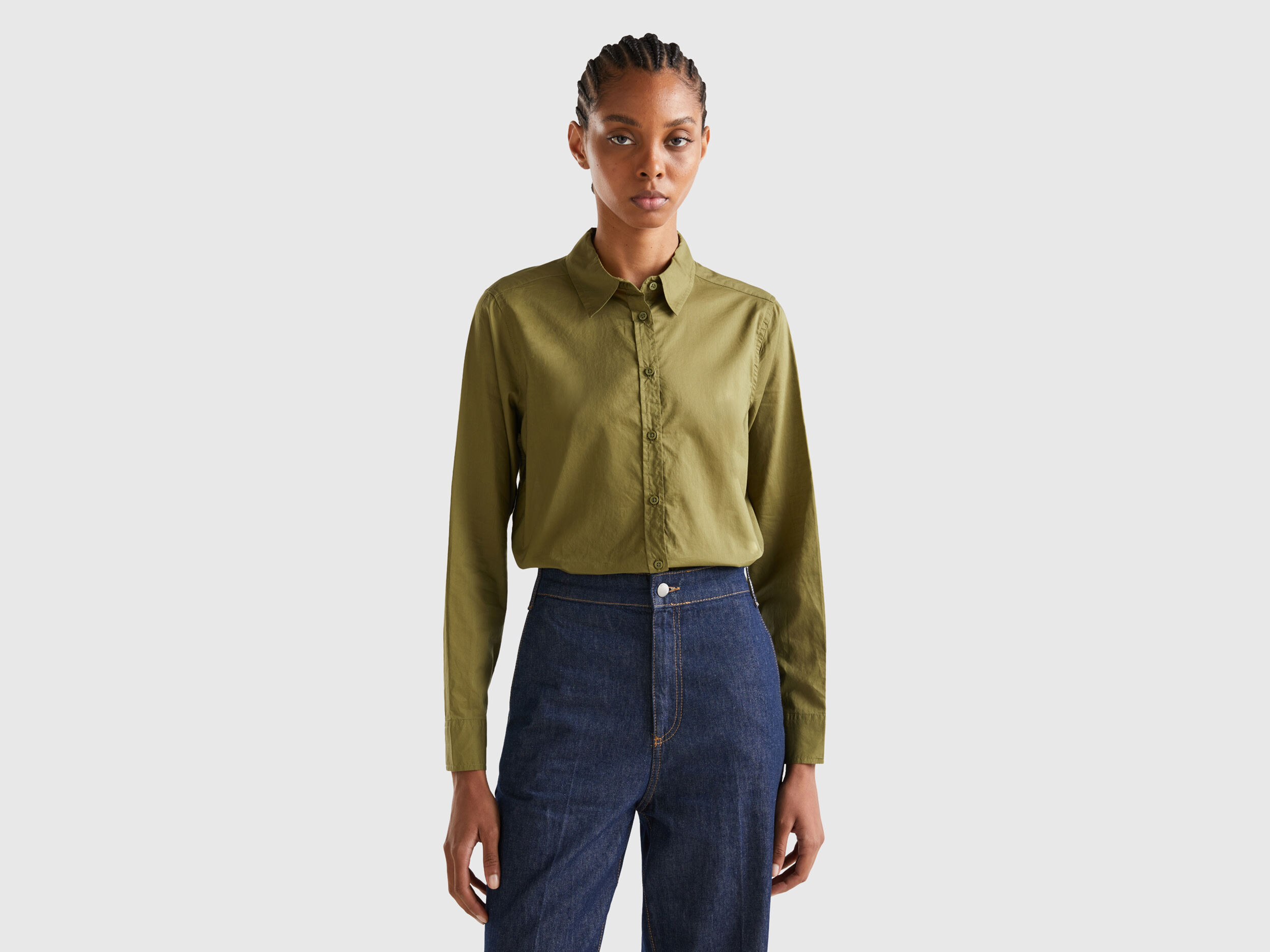 Camicia in cotone leggero Verde Militare Donna Benetton