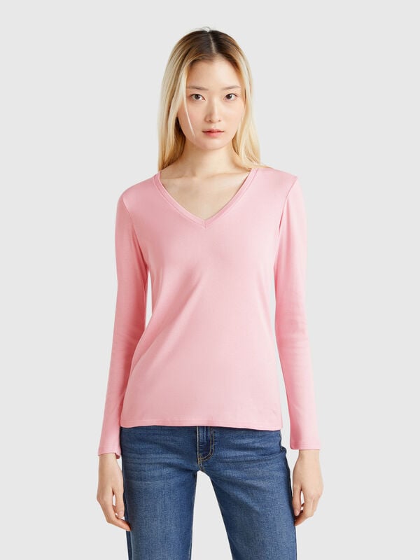 T-shirt a manica lunga con scollo a V Donna