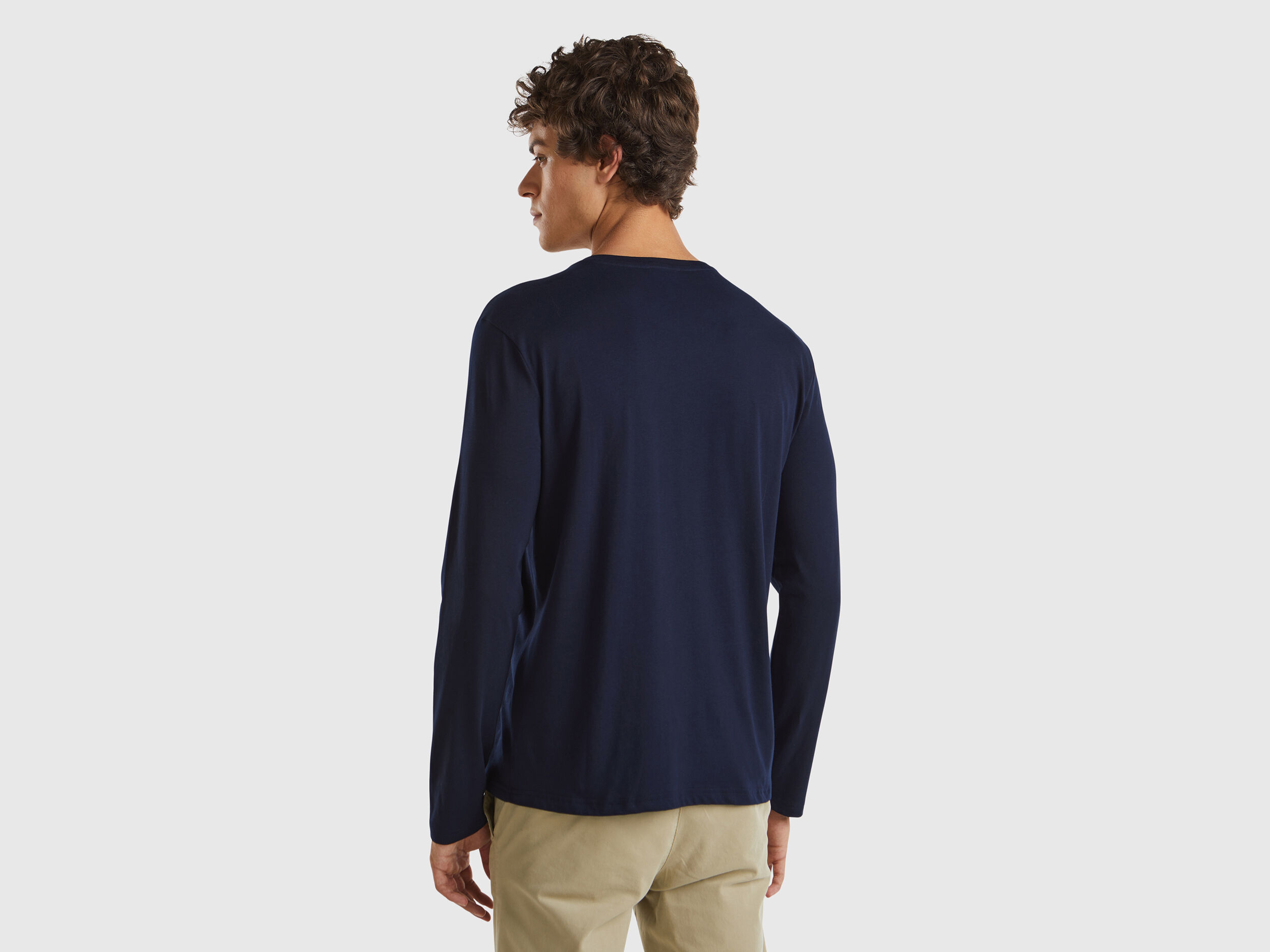 T shirt a manica lunga in puro cotone Blu Scuro Benetton