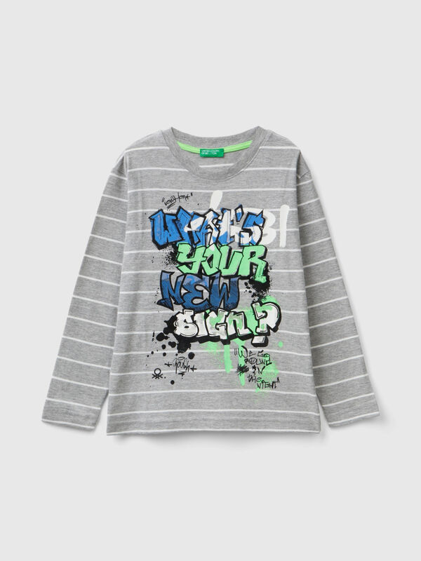 T-shirt a righe con slogan Bambino