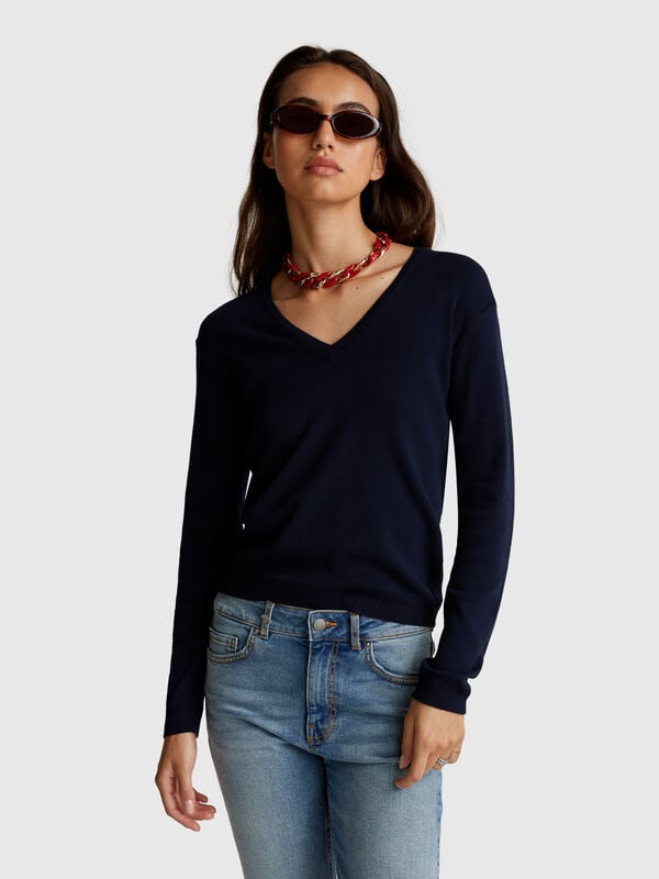 Maglia con scollo a V in puro cotone Donna