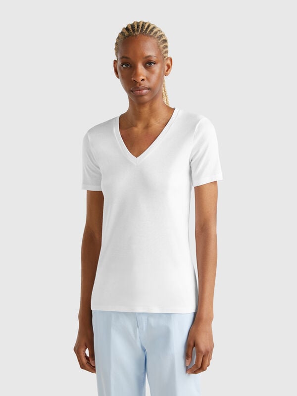 T-shirt bianca in puro cotone con scollo a V Donna