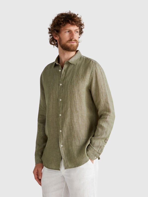 Camicia verde militare in puro lino Uomo