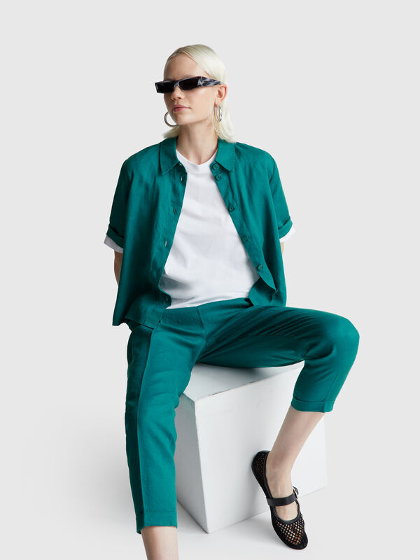 Pantaloni regular fit in puro lino Donna