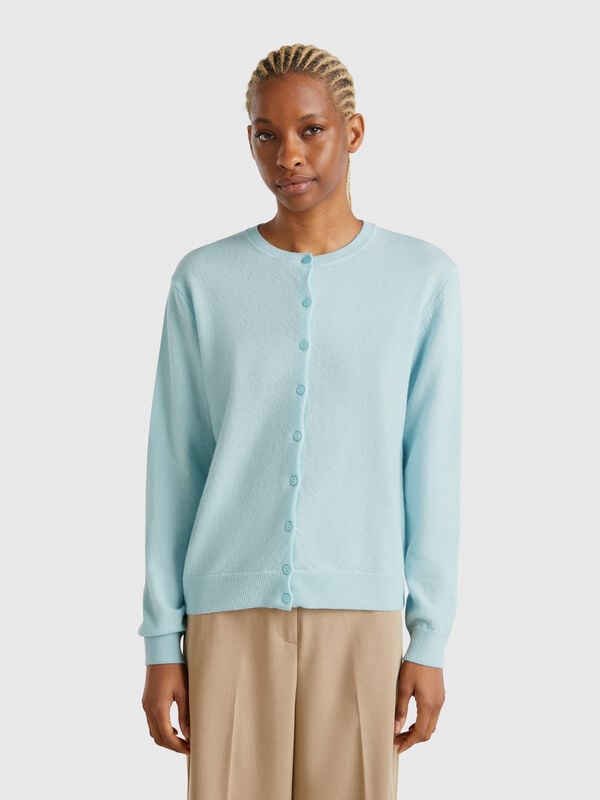 Cardigan girocollo turchese in pura lana Merino Donna