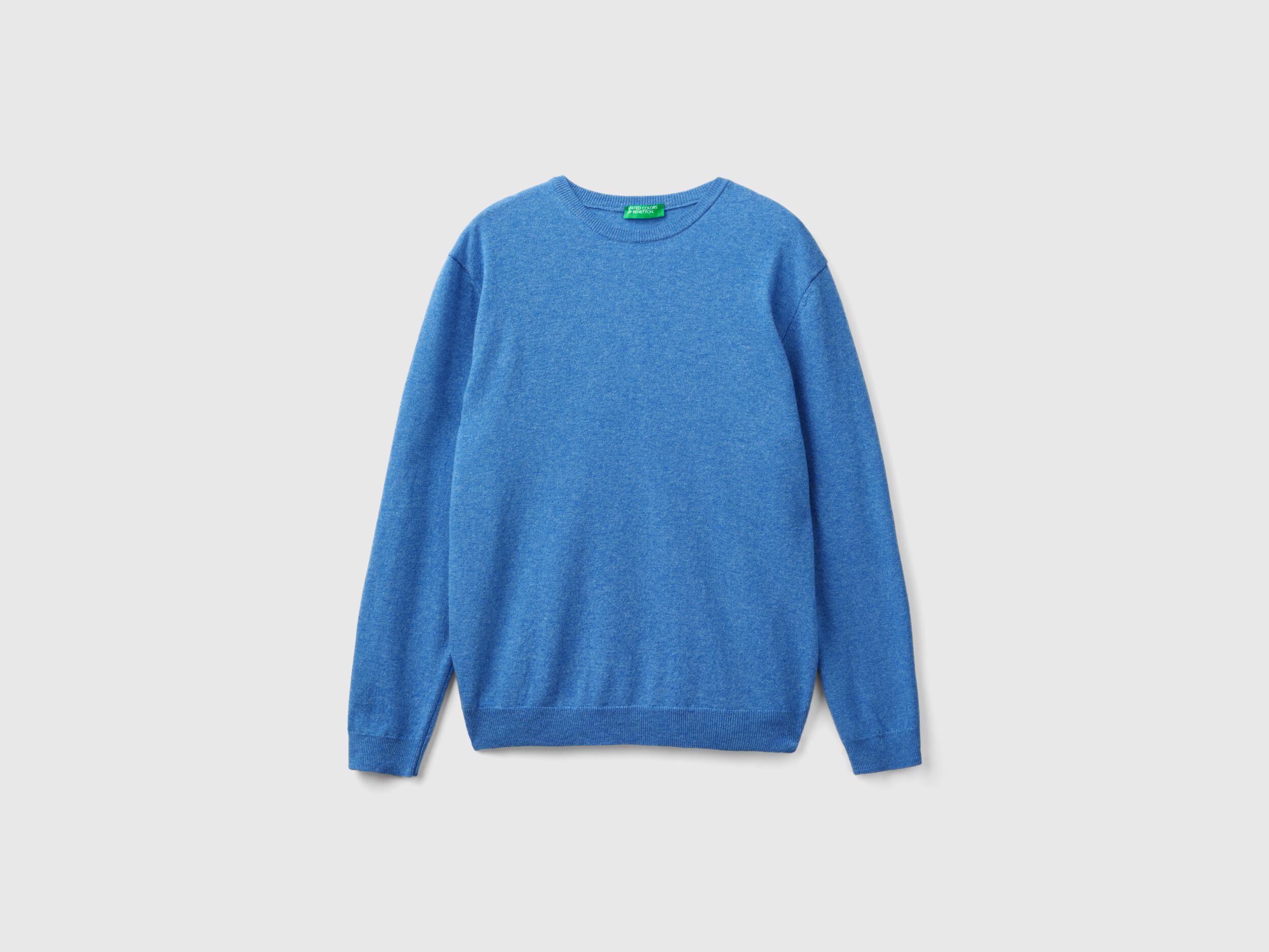Maglia girocollo blu melange in pura lana Merino Blu Benetton