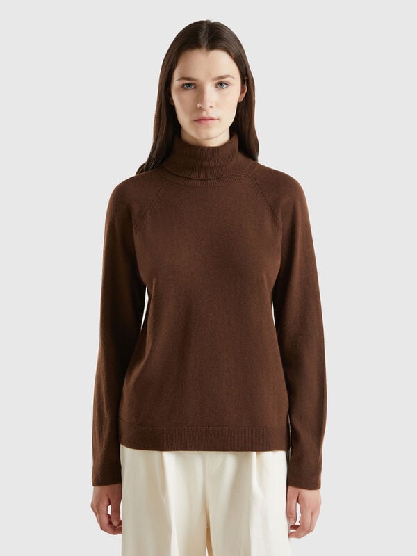 Maglione dolcevita marrone scuro in misto lana e cashmere Donna
