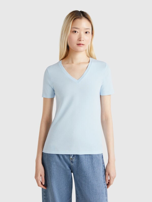 T-shirt celeste in puro cotone con scollo a V Donna