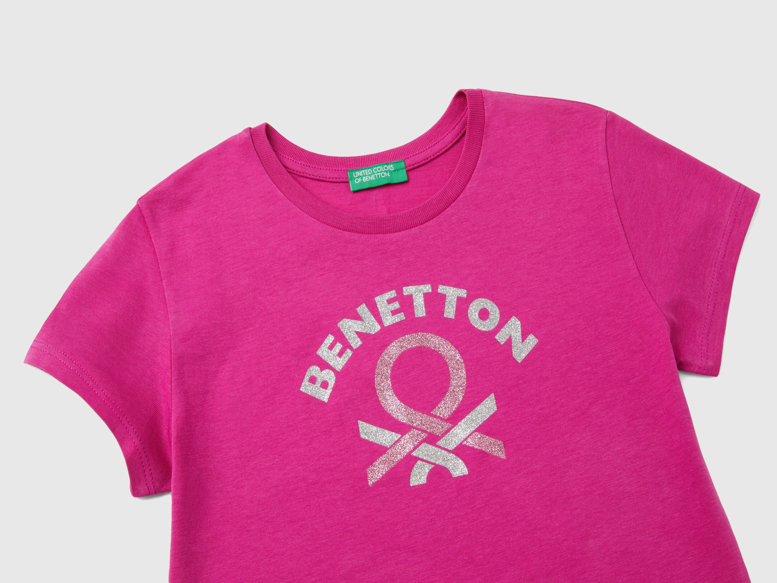 T shirt con logo glitter in cotone bio Fucsia Benetton