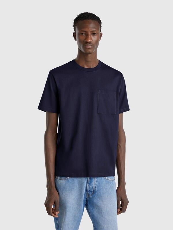 T-shirt blu notte in cotone bio con taschino Uomo