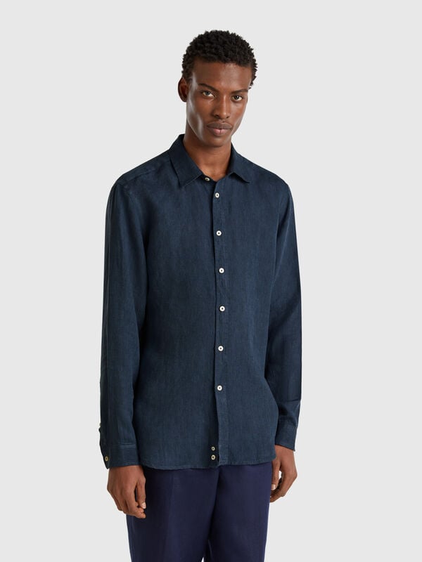 Camicia blu notte fantasia in puro lino Uomo