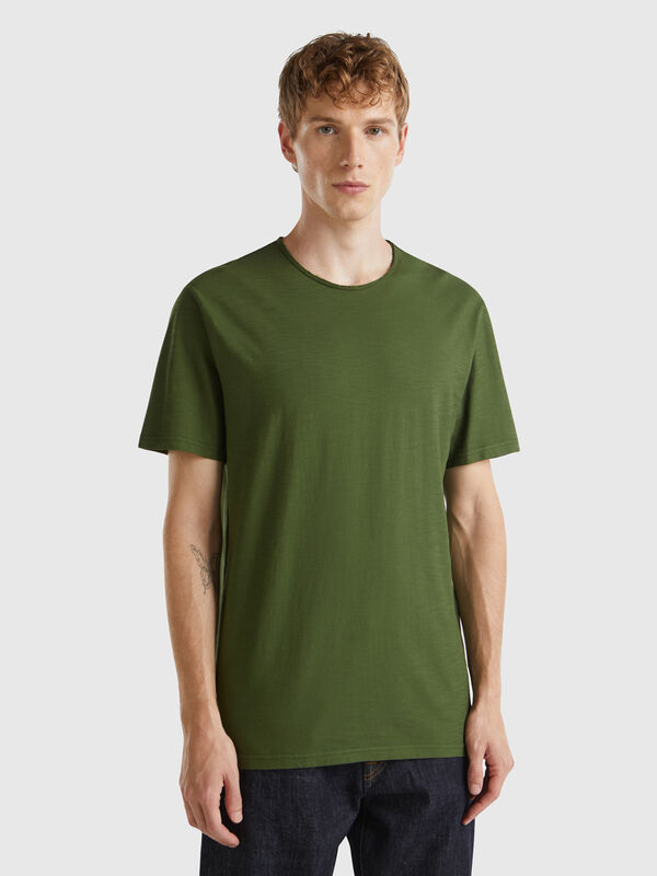 T-shirt verde oliva in cotone fiammato Uomo