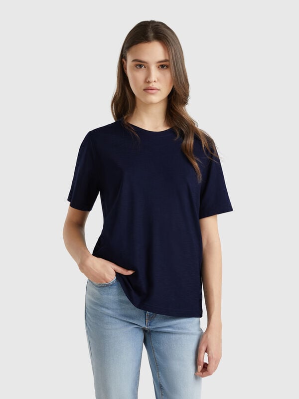 T-shirt girocollo in cotone fiammato Donna