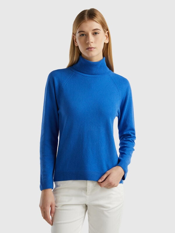 Maglione dolcevita blu in misto lana e cashmere Donna