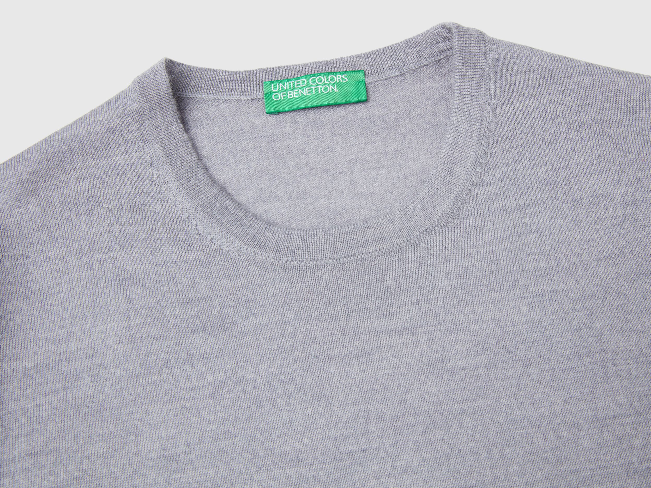 Maglia manica corta in pura lana Merino Grigio Chiaro Benetton
