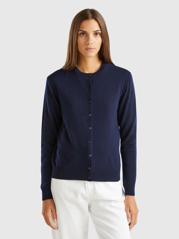 Cardigan girocollo blu notte in pura lana Merino Donna