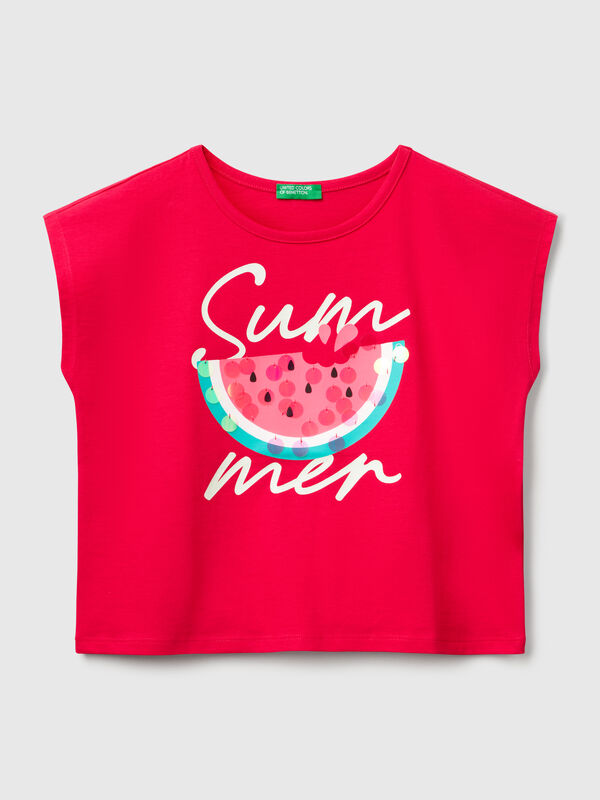 T-shirt con stampa e paillettes Bambina