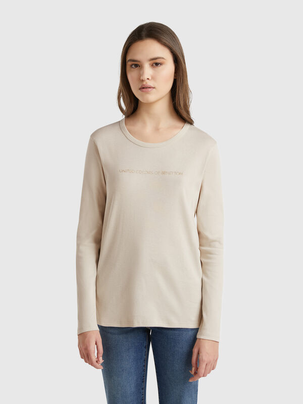 T-shirt beige a manica lunga 100% cotone Donna