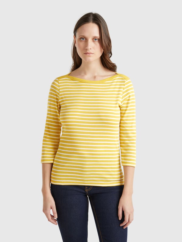 T-shirt manica 3/4 a righe in puro cotone Donna