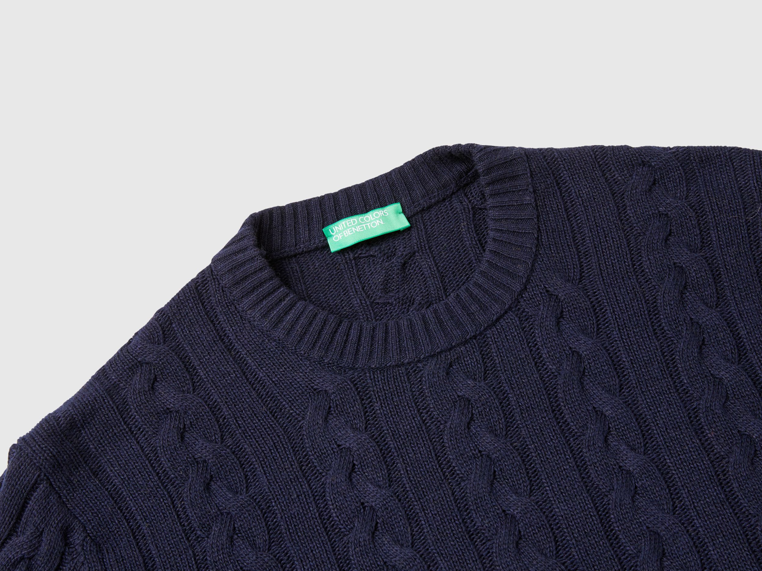 Maglia a trecce in misto cashmere Blu Scuro Benetton