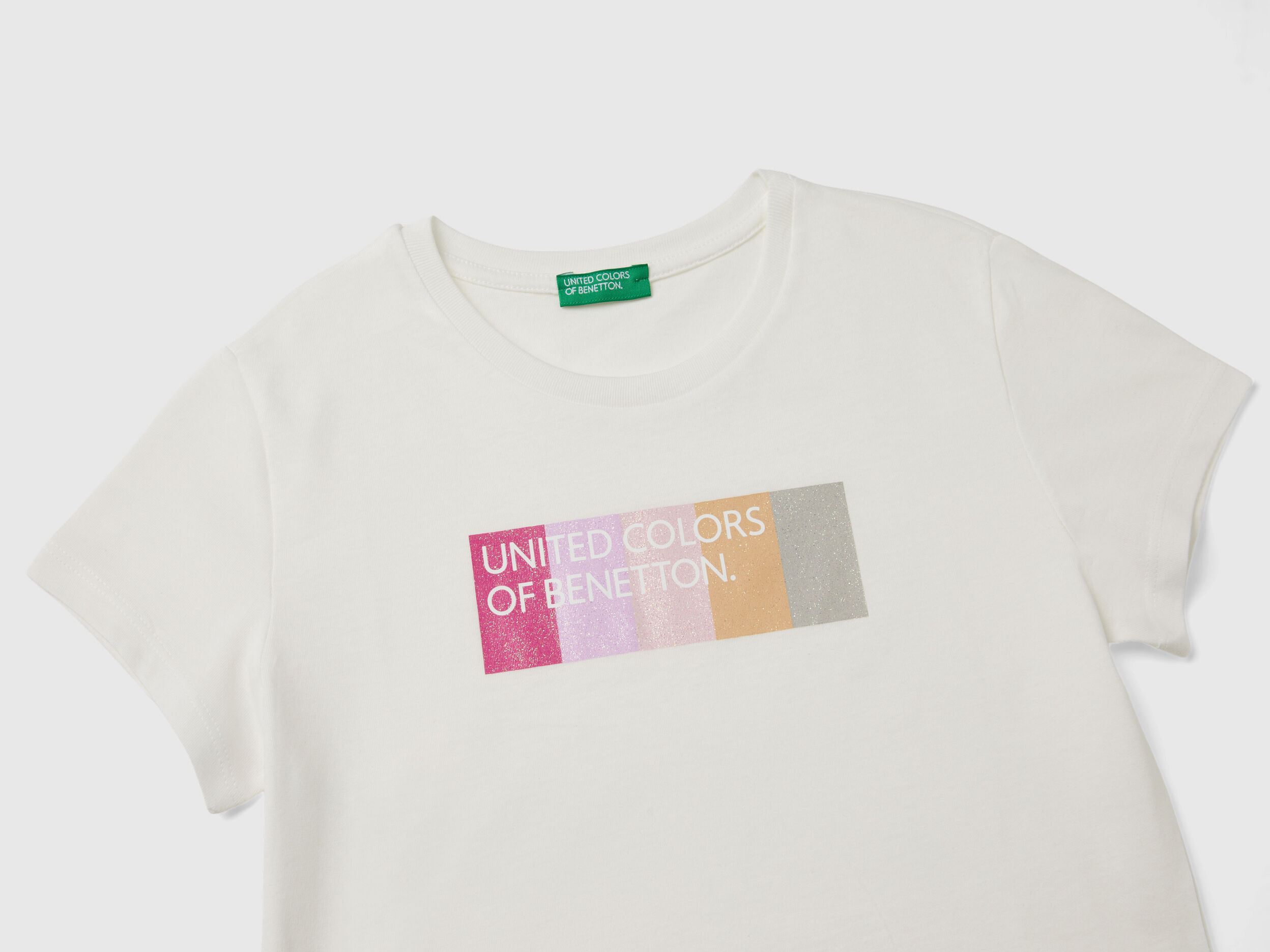 T shirt con logo glitter in cotone bio Bianco Panna Benetton